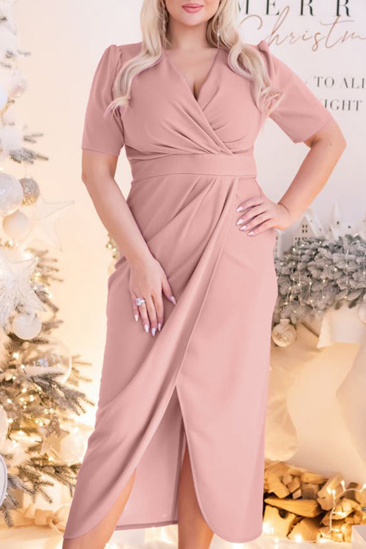 Plus Size Wrap V Neck Slit Hem Midi Dress